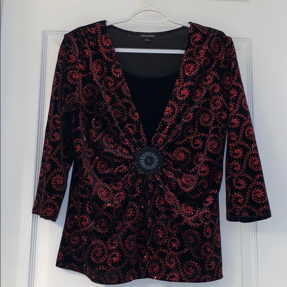 Notations Long Sleeves Black Blouse w/ Red Glitter